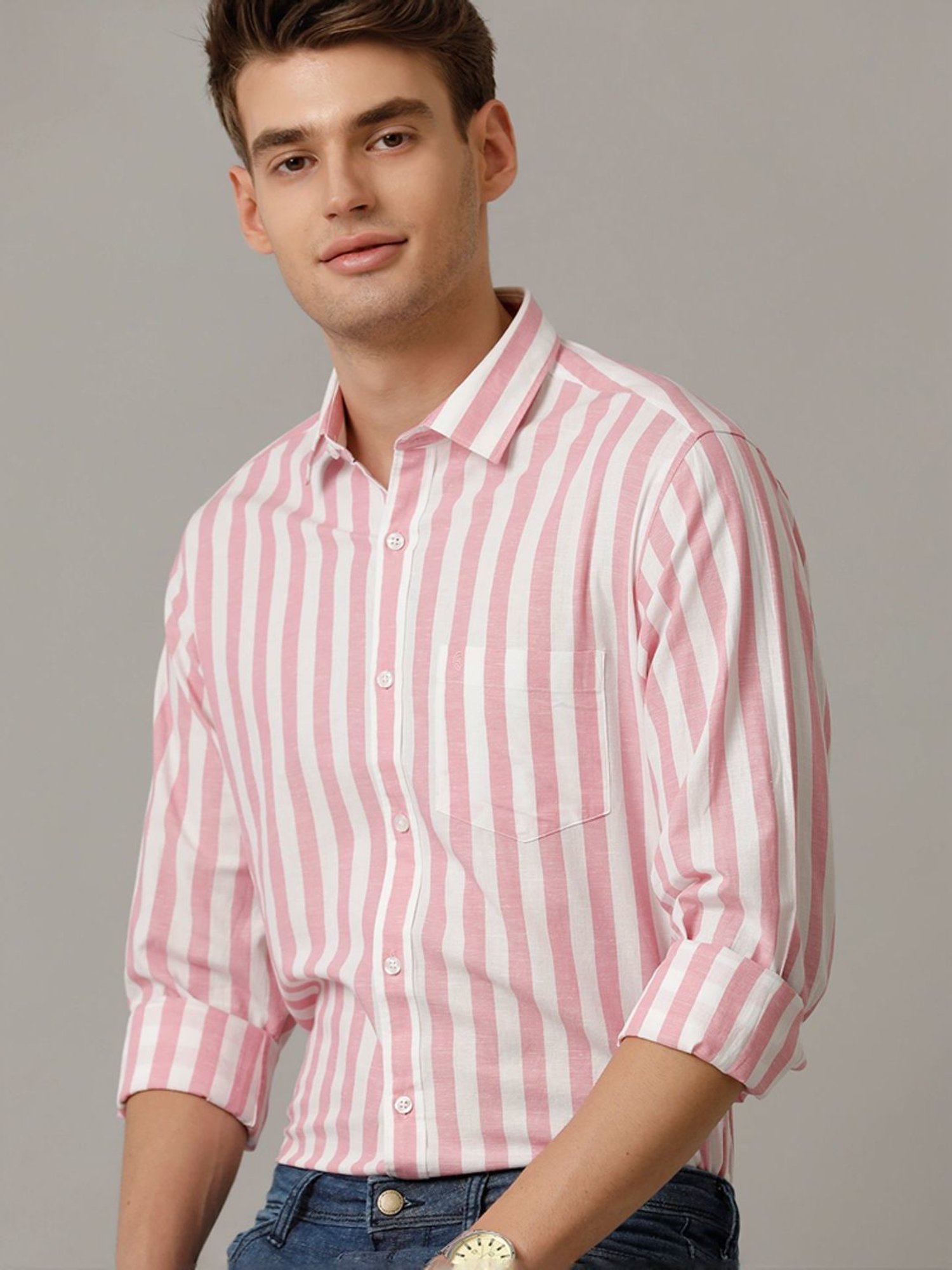 Cavallo By Linen Club Pink Linen Contemporary Fit Striped Shirt