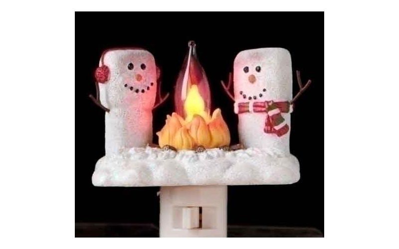 Roman 4.5" Marshmallow Snowmen at a Campfire Festive Christmas Night Light - White