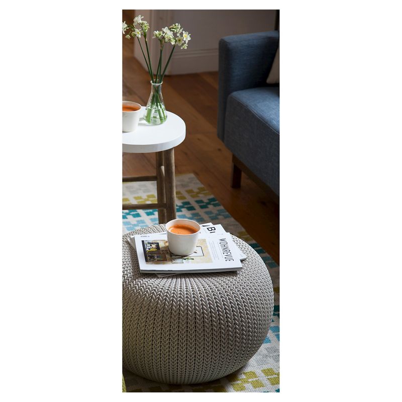 Urban Cozy Knit Outdoor Poufs and Table Balcony 3 Pc Set - Taupe/Blue - Keter