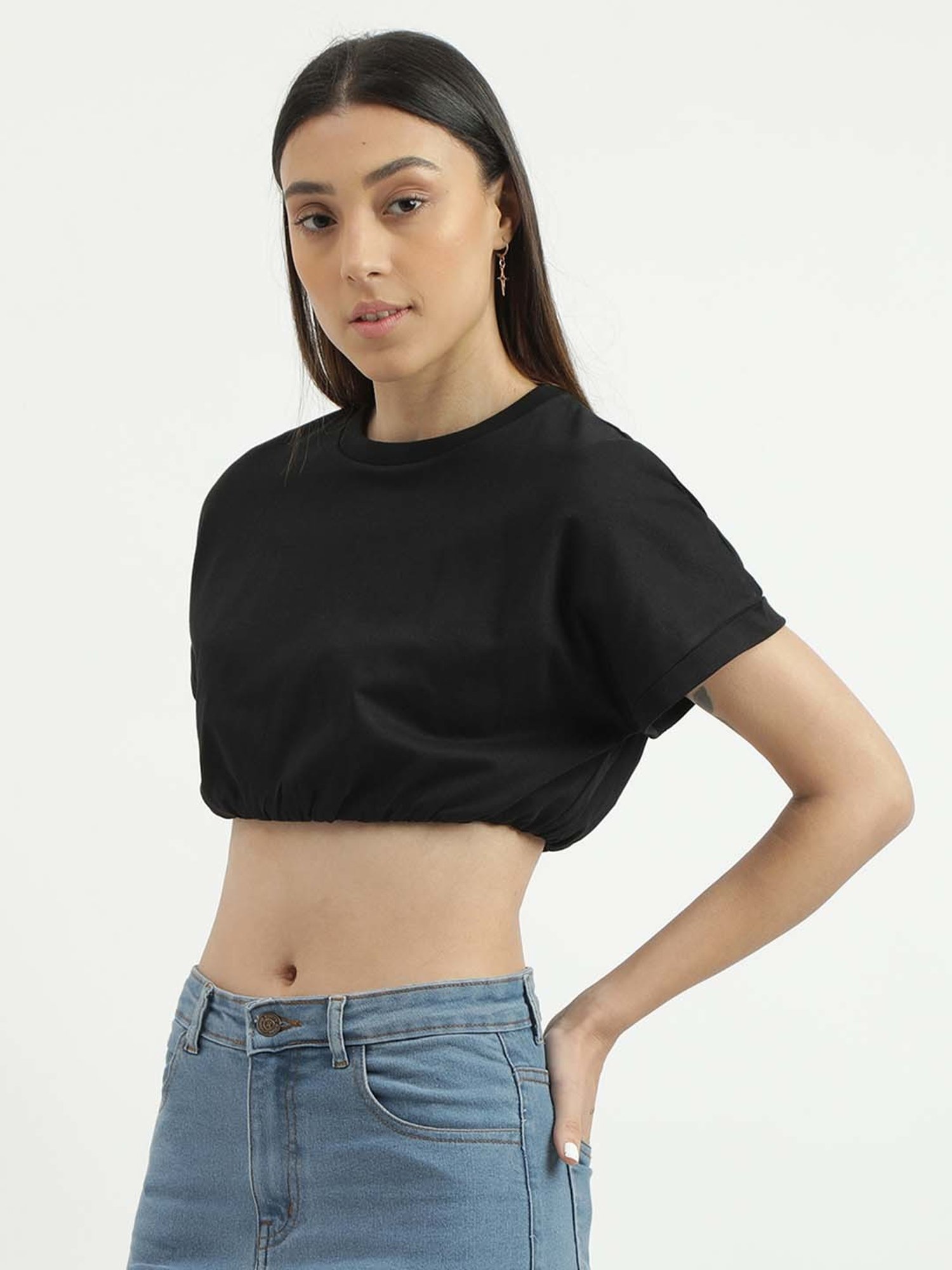 United Colors of Benetton Black Cotton Regular Fit Crop Top