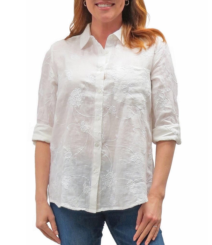 Karyn Seo Delilah All-Over Vintage Tonal Embroidered Roll-Tab Sleeve Button Down Linen Shirt