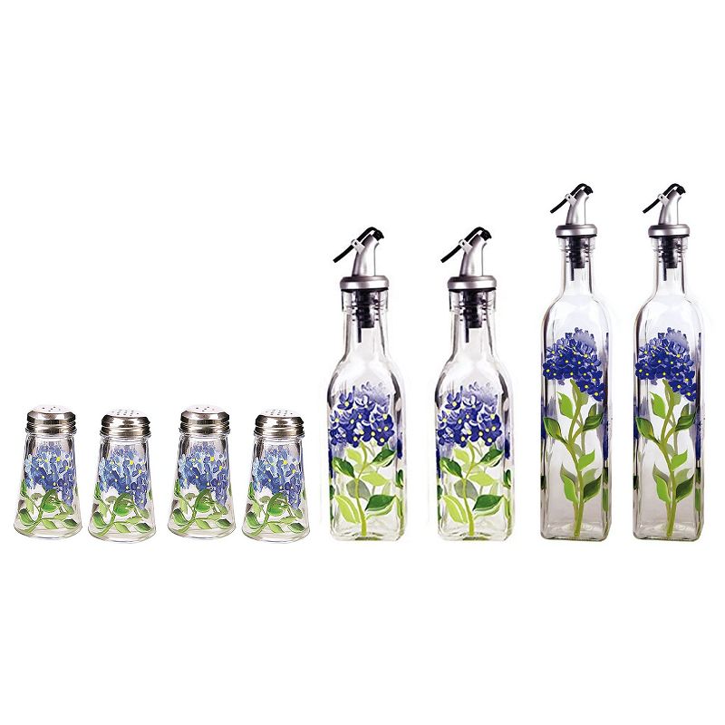 Grant Howard Glass Salt and Pepper Shaker Set and 2 Oil Vinegar Cruet Bottles Hand Painted with Hydrangeas, Blue
