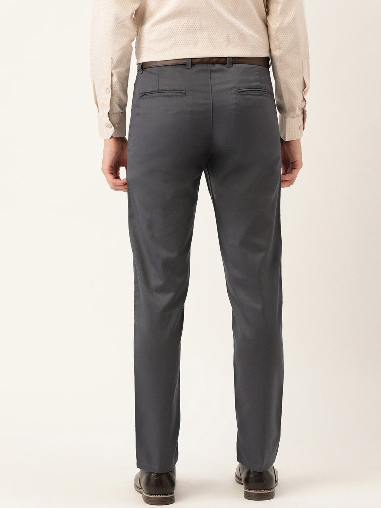 Sojanya Grey Cotton Regular Slim Fit Flat Front Trousers