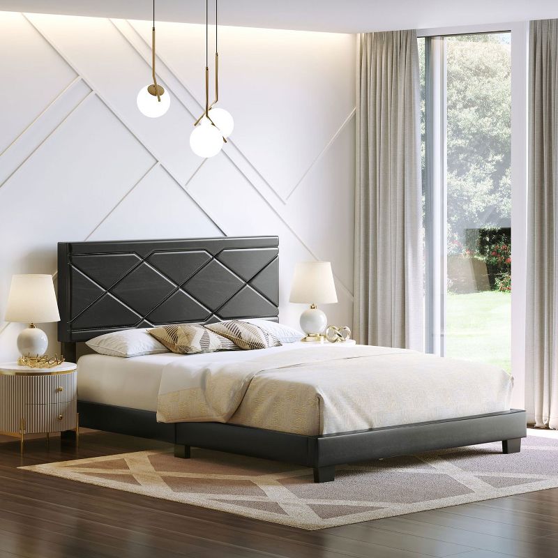 Boyd Sleep VMI1407BKEK Antwerp Faux Leather Upholstered King Size Platform Bed Frame with Decorative Headboard and Wood Slat Supports, Black