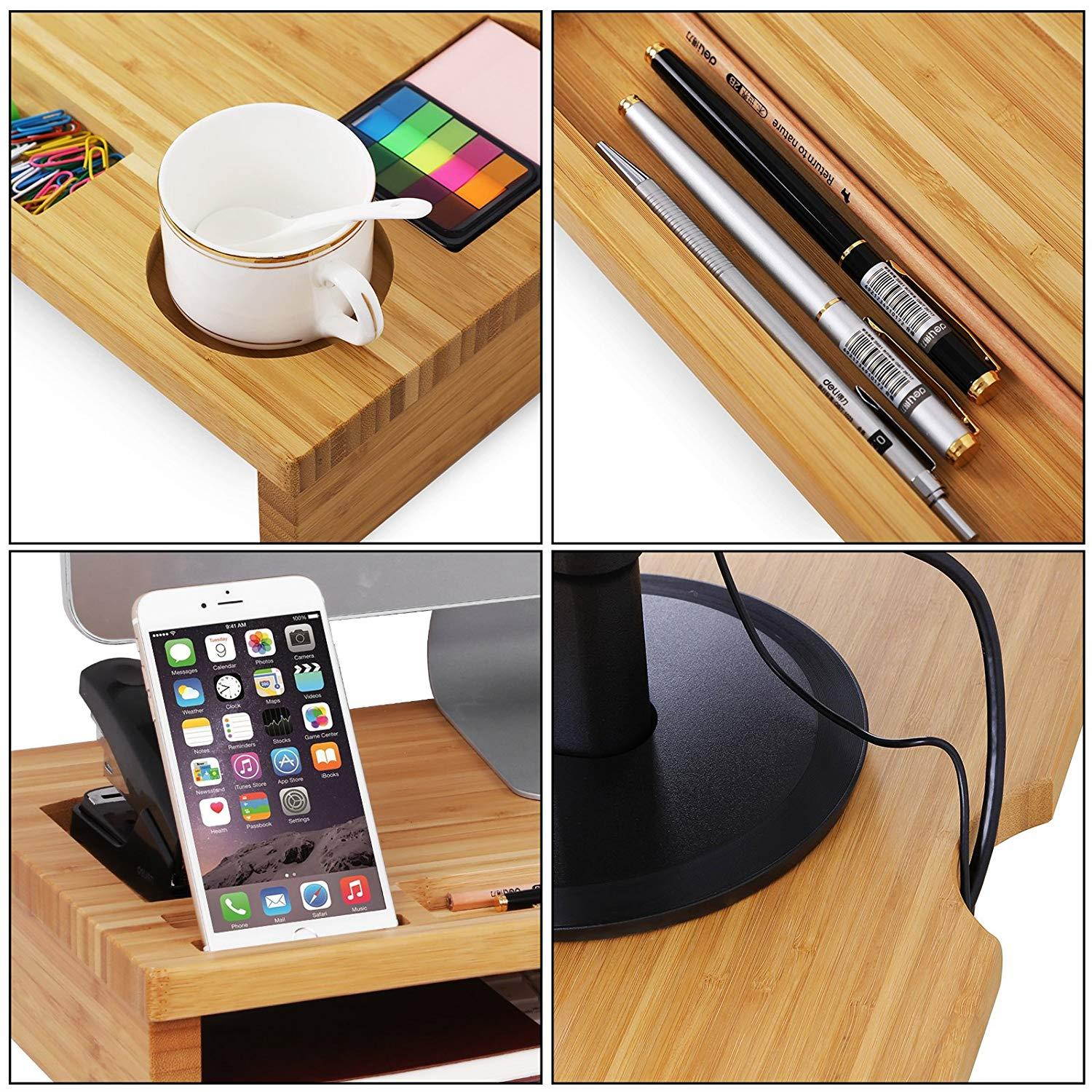 SONGMICS Bamboo Wood Monitor Riser with Storage Organizer Office Computer Desk Laptop Cellphone TV Printer Stand Desktop Container Natural ULLD201