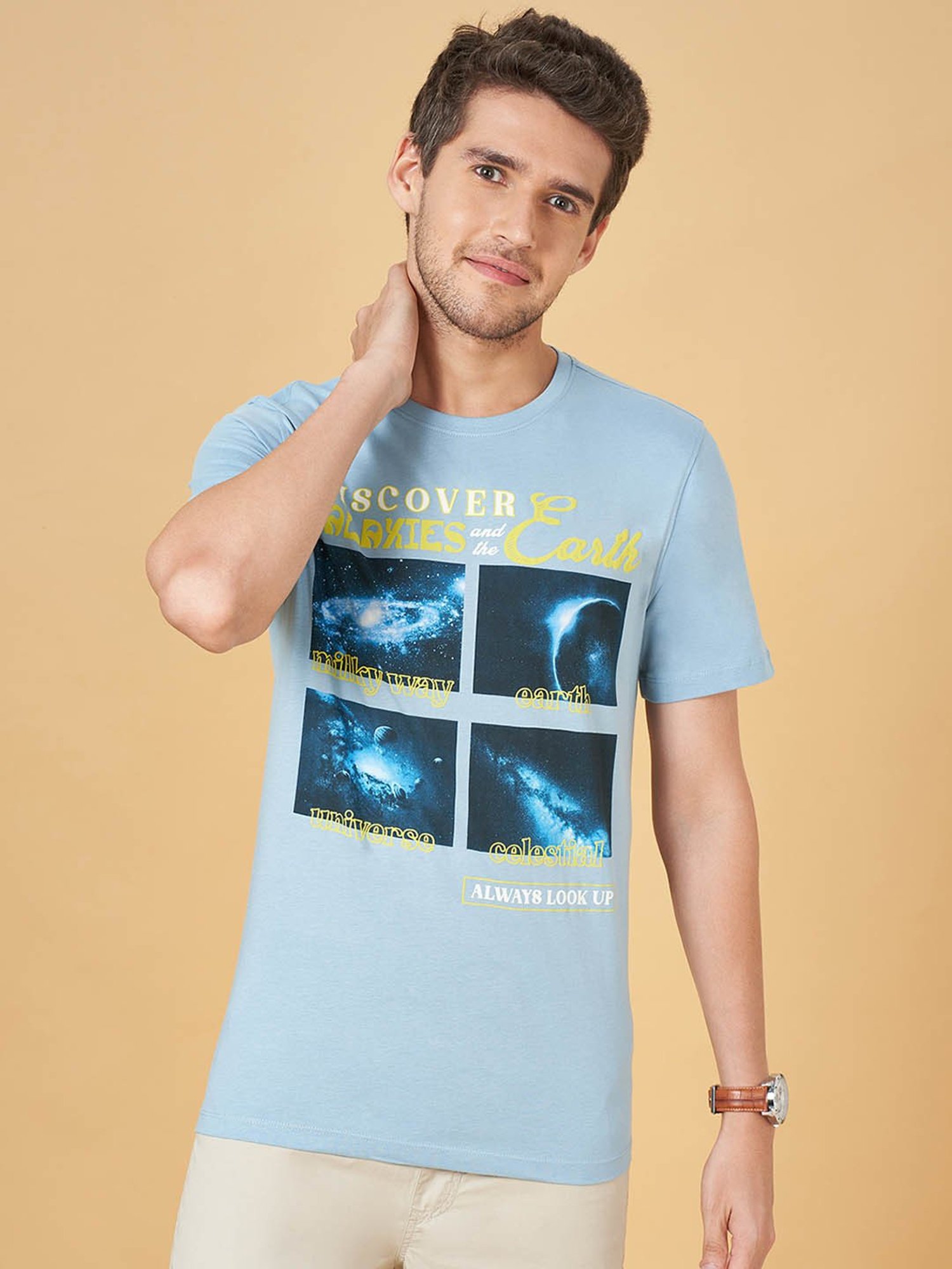 Urban Ranger by Pantaloons Powder Blue Cotton Slim Fit Printed T-Shirt
