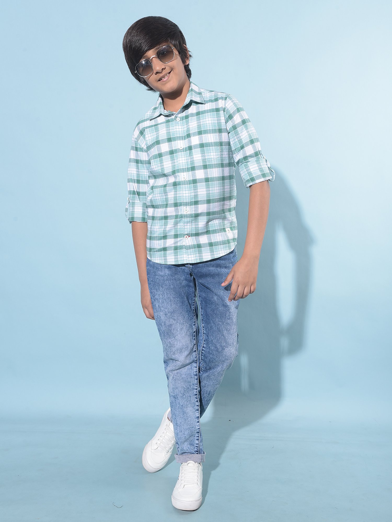 Crimsoune Club Kids Green & White Checks Full Sleeves Shirt