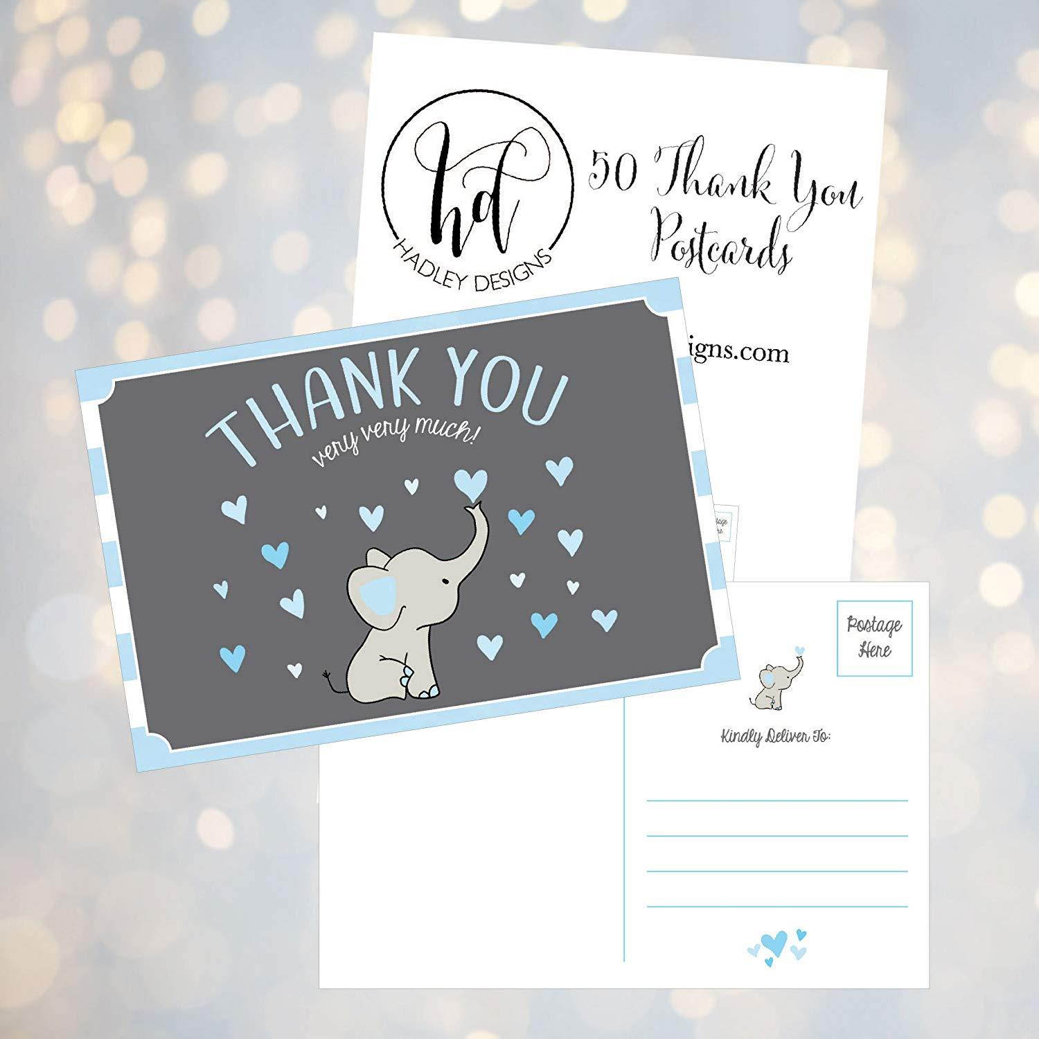 50 4x6 Elephant Boy Baby Shower Thank You Postcards Bulk, Beautiful Modern Cute Boho Blue Blank Thanks Note Card Stationery Appreciation Set