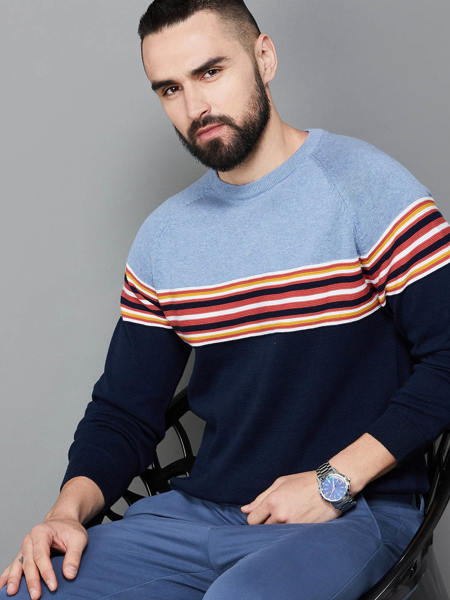 Code by Lifestyle Navy Cotton Regular Fit Colour Block Sweater