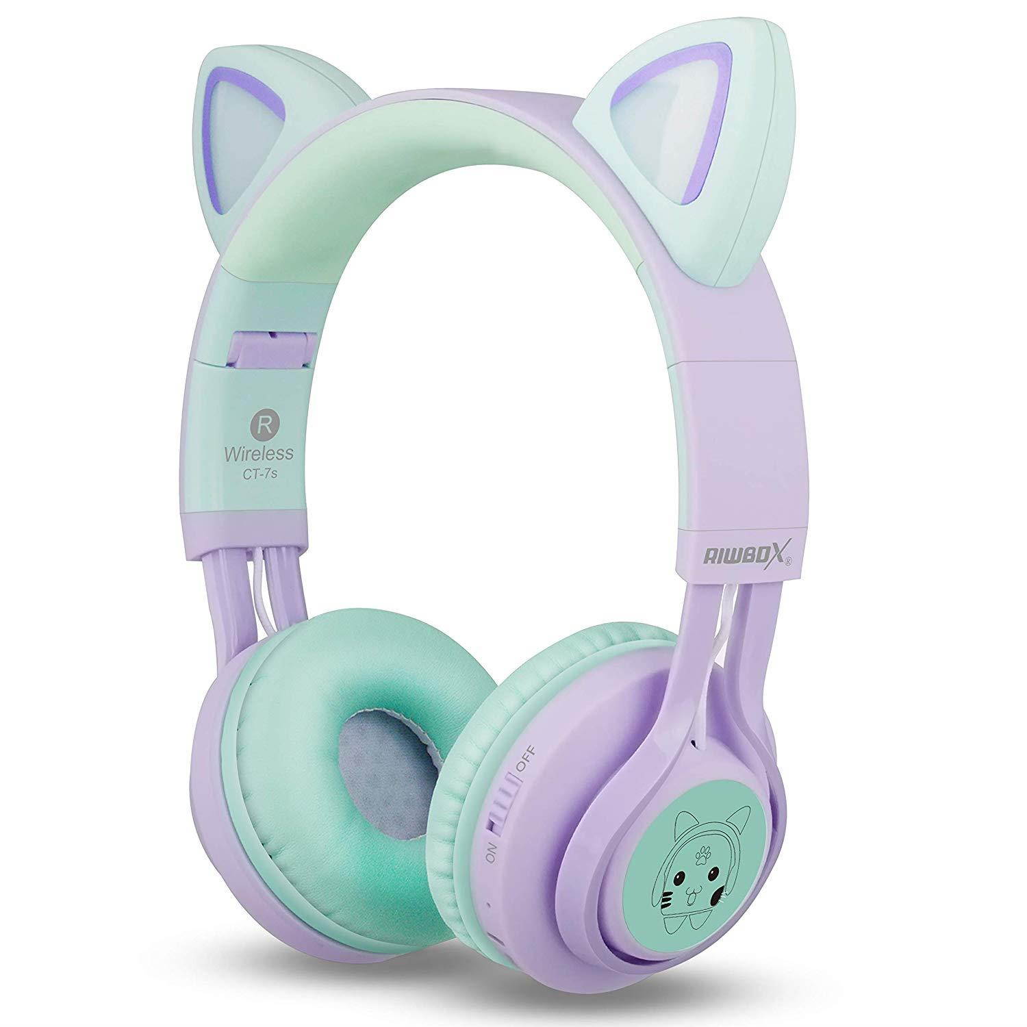 Kids Headphones, Riwbox CT-7S Cat Ear Bluetooth Headphones 85dB Volume Limiting,LED Light Up Kids Wireless Headphones Over Ear with Microphone for iPhone/iPad/Kindle/Laptop/PC/TV (Purple&Green)