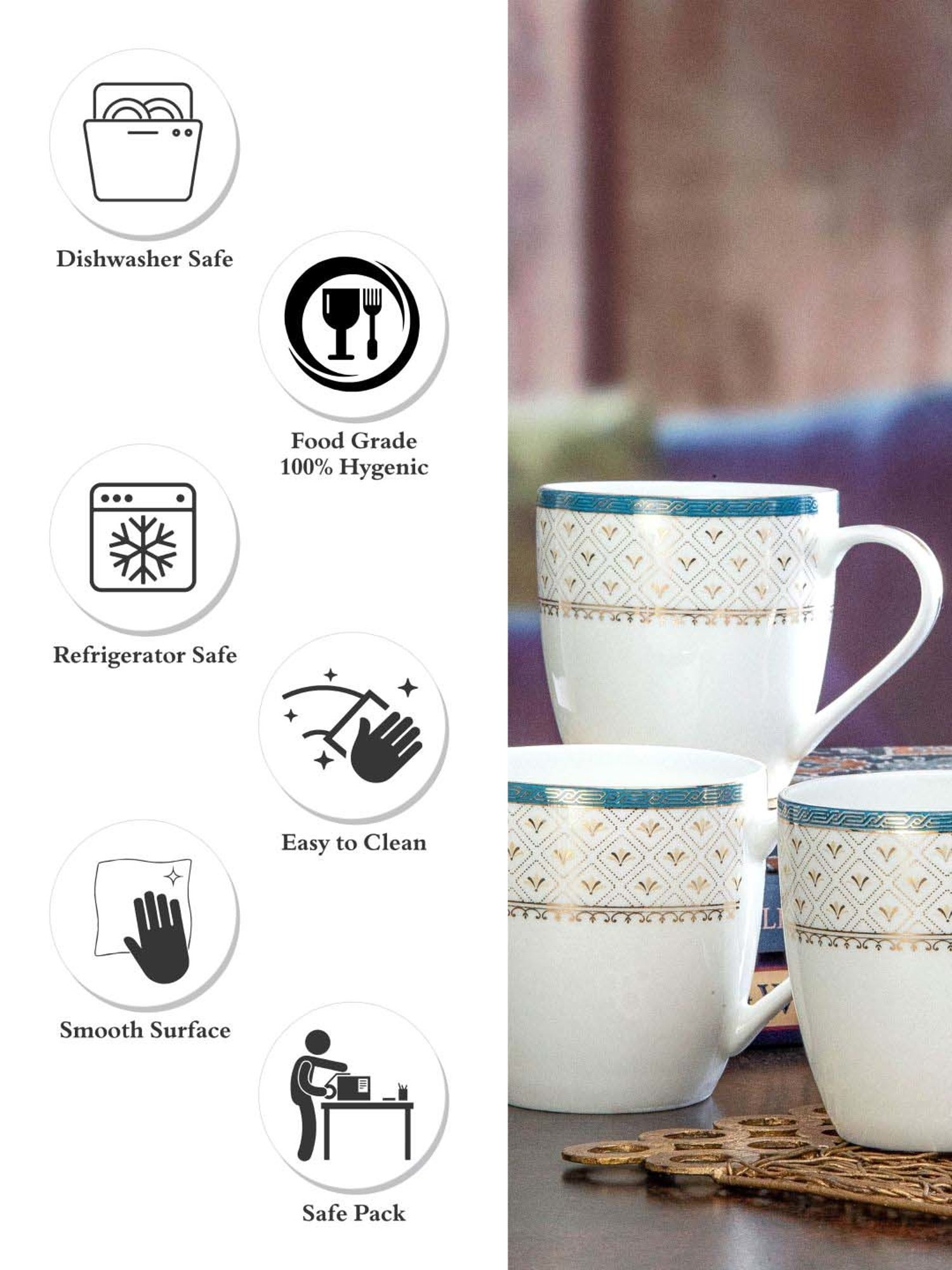 SONAKI White & Golden Bone China Coffee Mug (0.17 L) - Set of 6