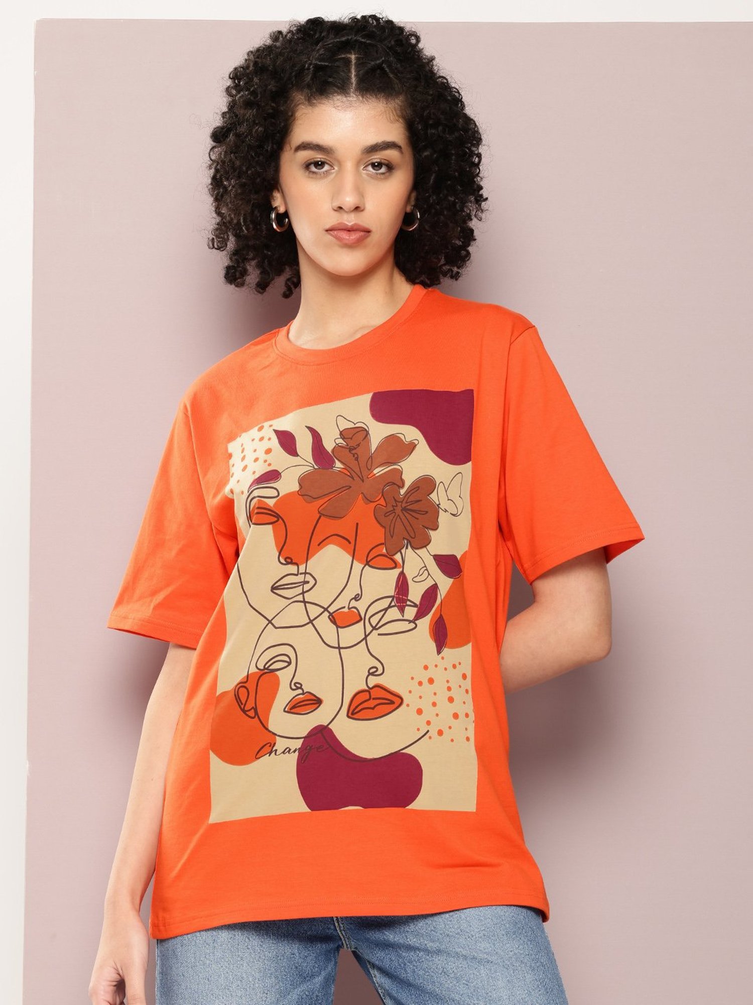 Dillinger Orange Cotton Printed Oversized T-Shirt