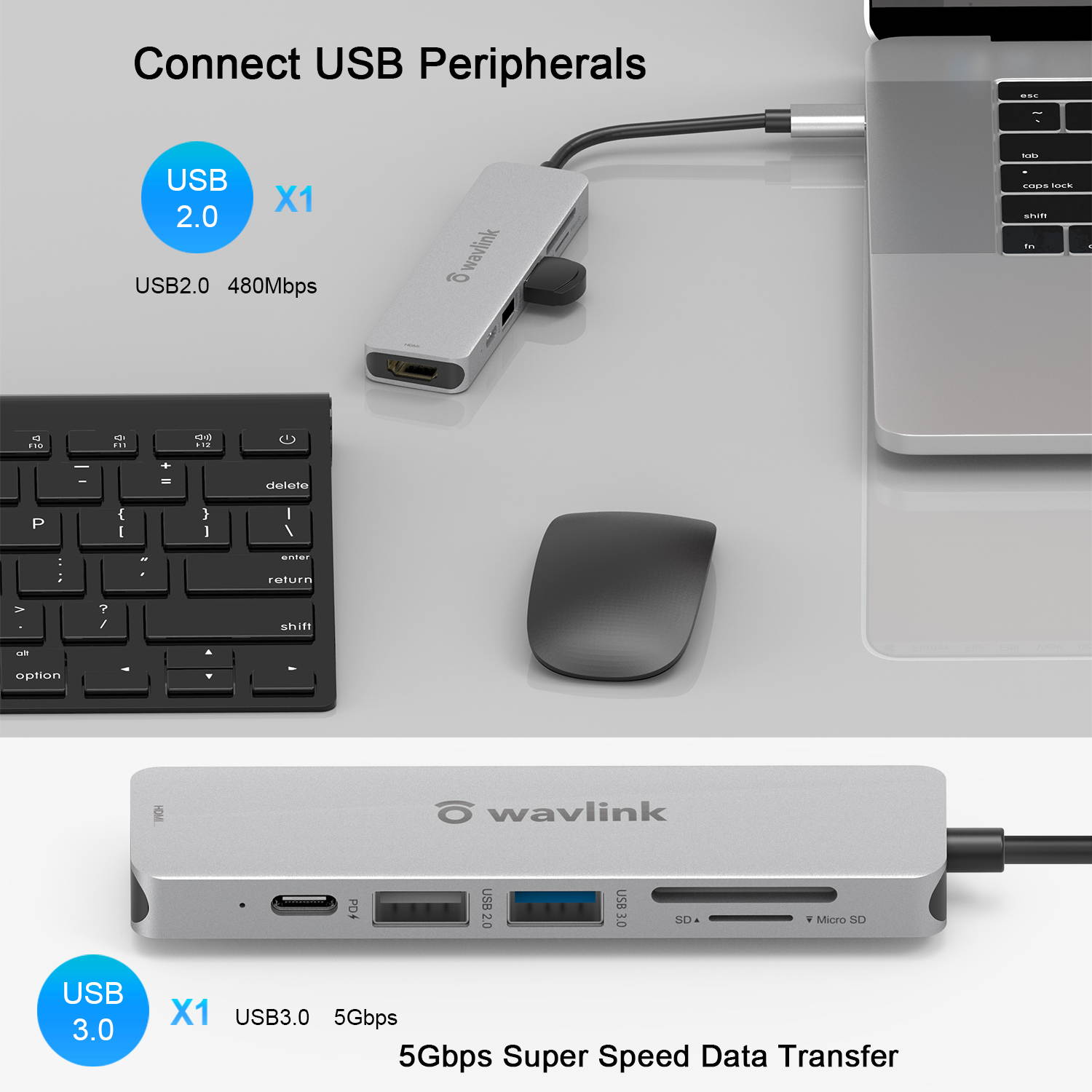 Wavlink USB C Hub, PD 7-in-1 Type C Adapter Mini Docking Station Aluminum with 4K 30Hz HDMI, 2K 60Hz VGA, 2 USB 3.0, SD/TF Card Reader, 87W Laptop Power Delivery for Windows Mac and More, Plug & Play