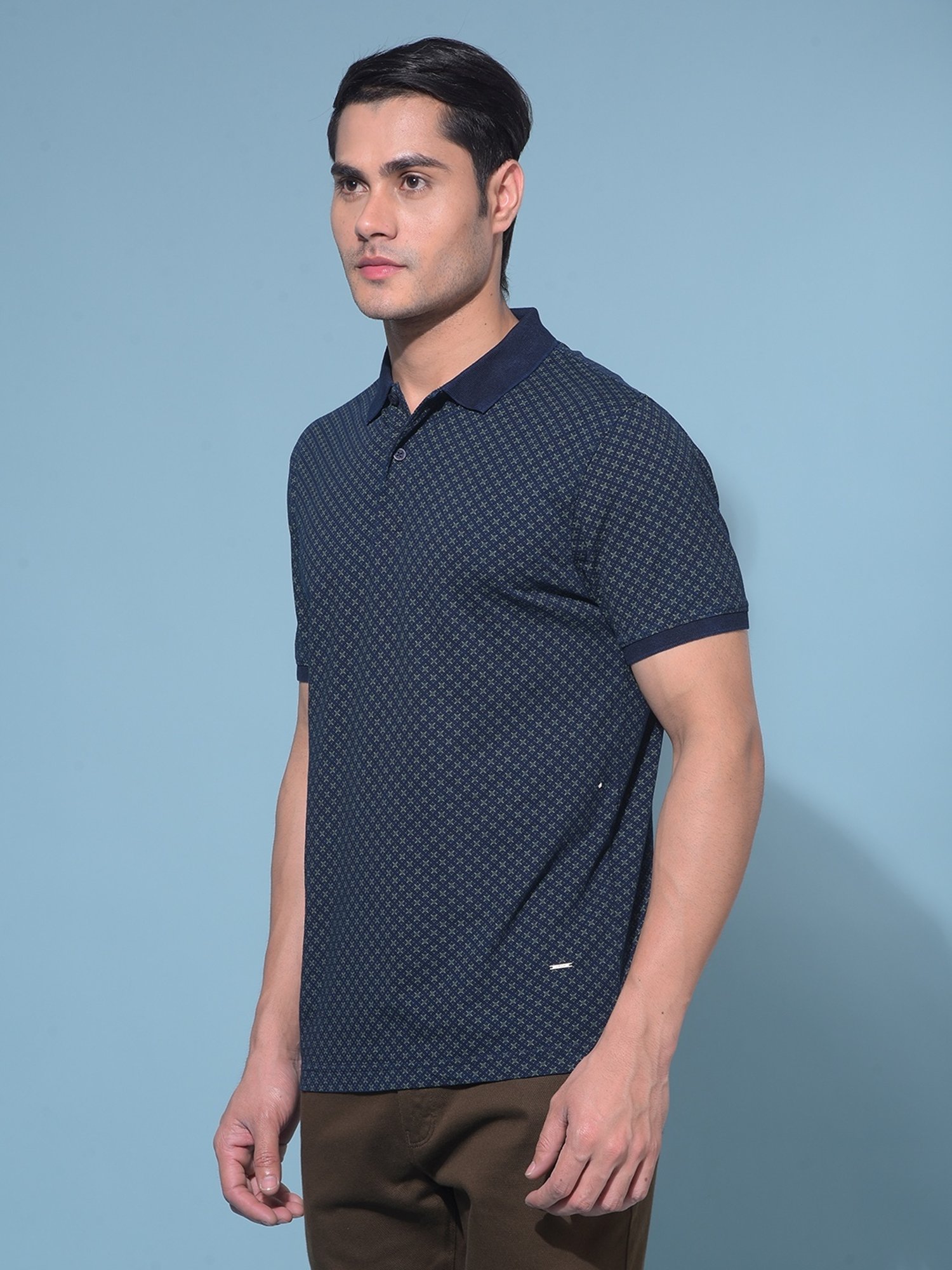 Crimsoune Club Navy Blue Cotton Slim Fit Printed Polo T-Shirt