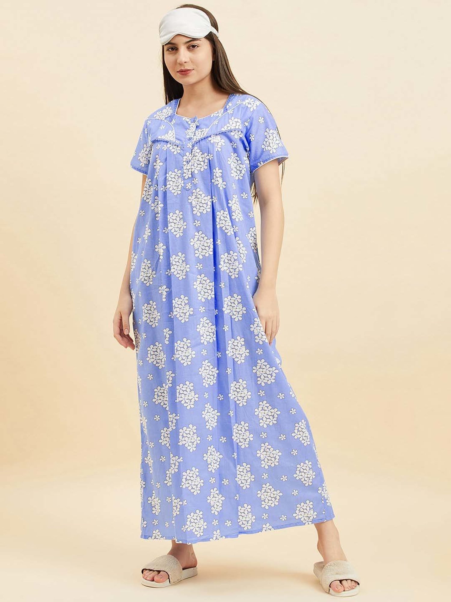 Sweet Dreams Blue Cotton Floral Print Night Gown