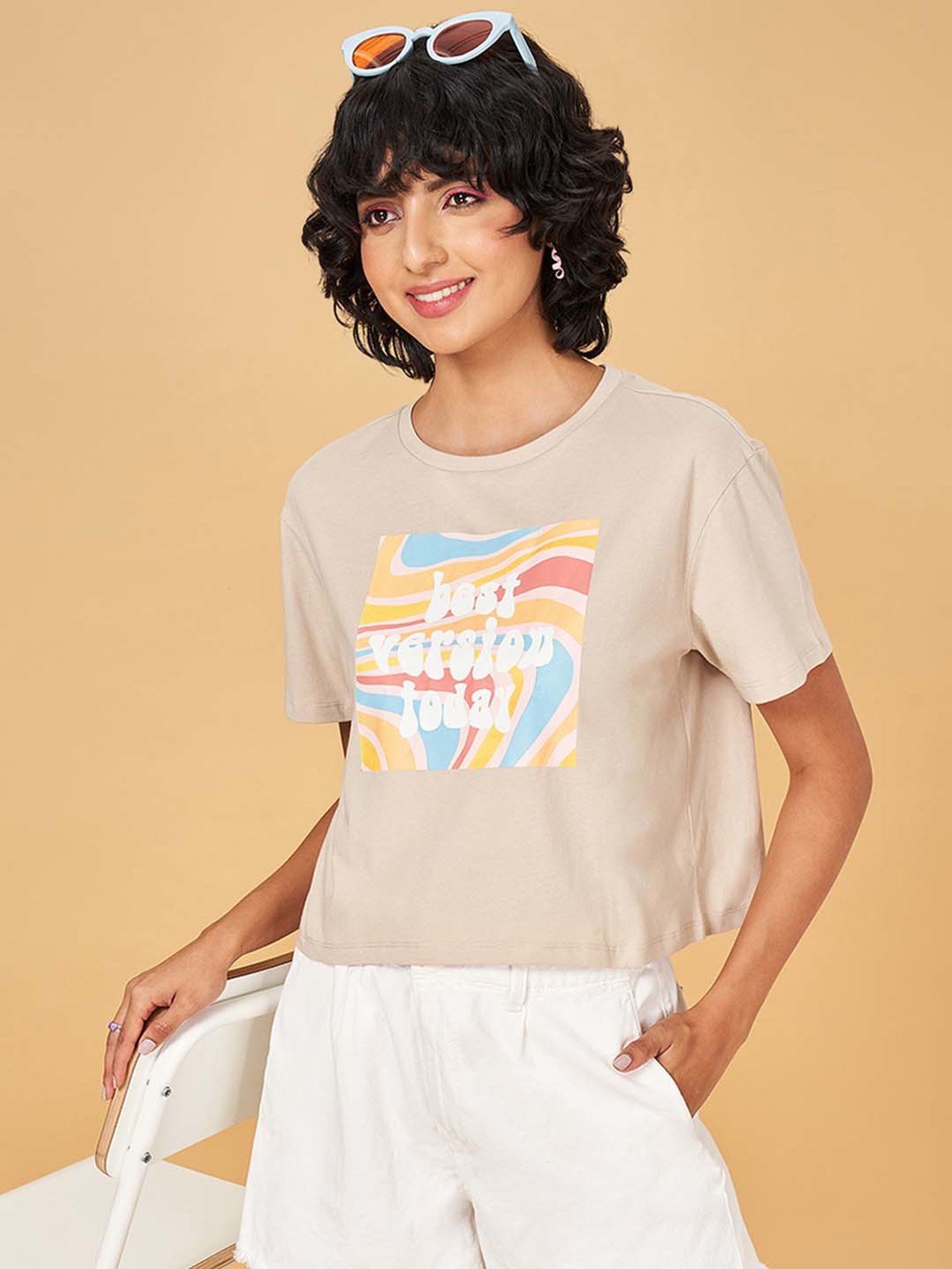 People by Pantaloons Beige Cotton Printed T-Shirt