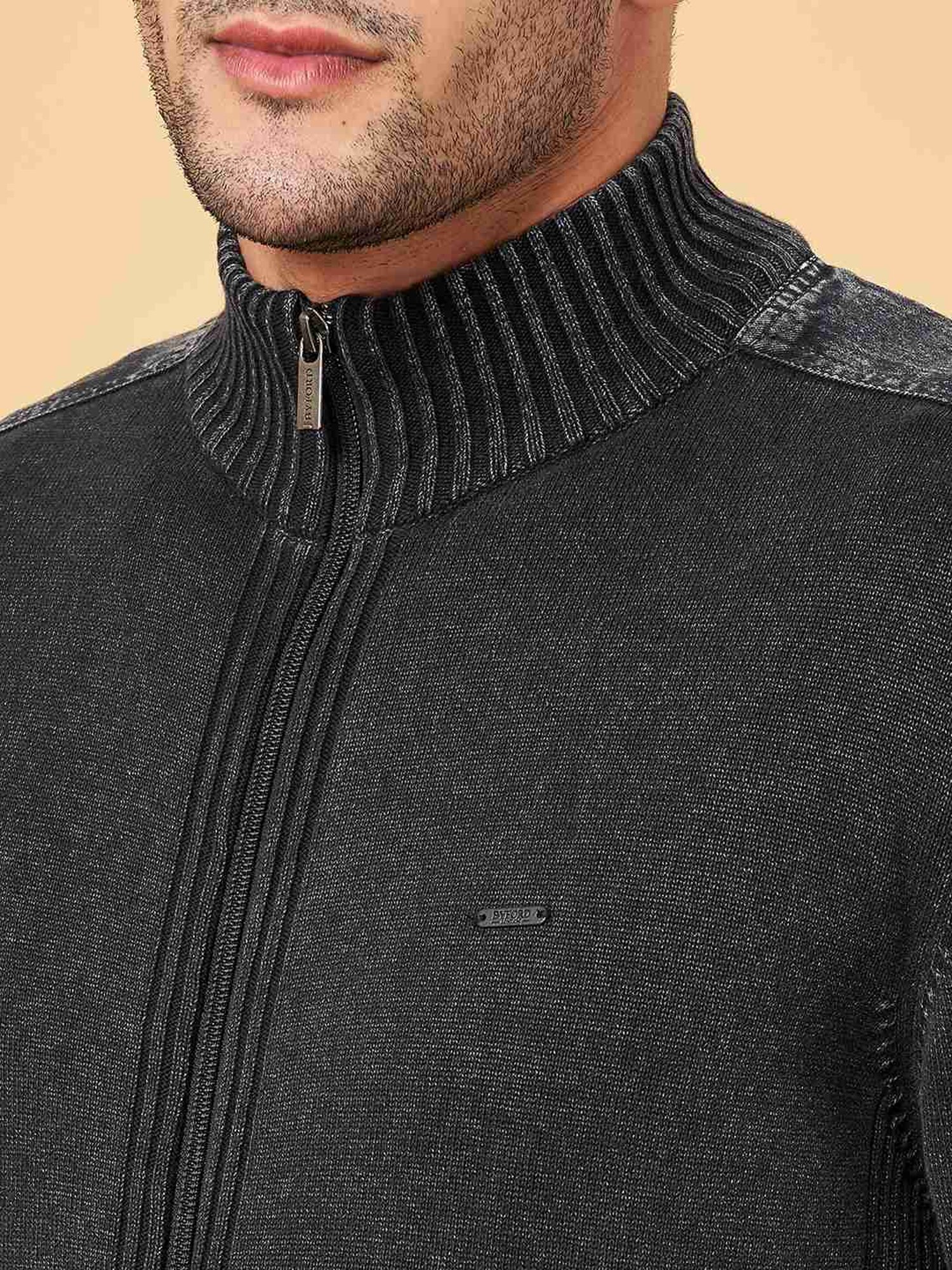 Byford by Pantaloons Black Cotton Slim Fit Self Pattern Sweater