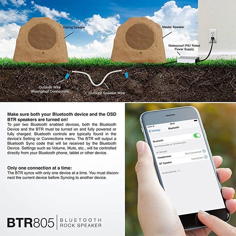 8 quot 100W Bluetooth Outdoor Rock Speaker Water Resistant Pair Granite Grey BTR805