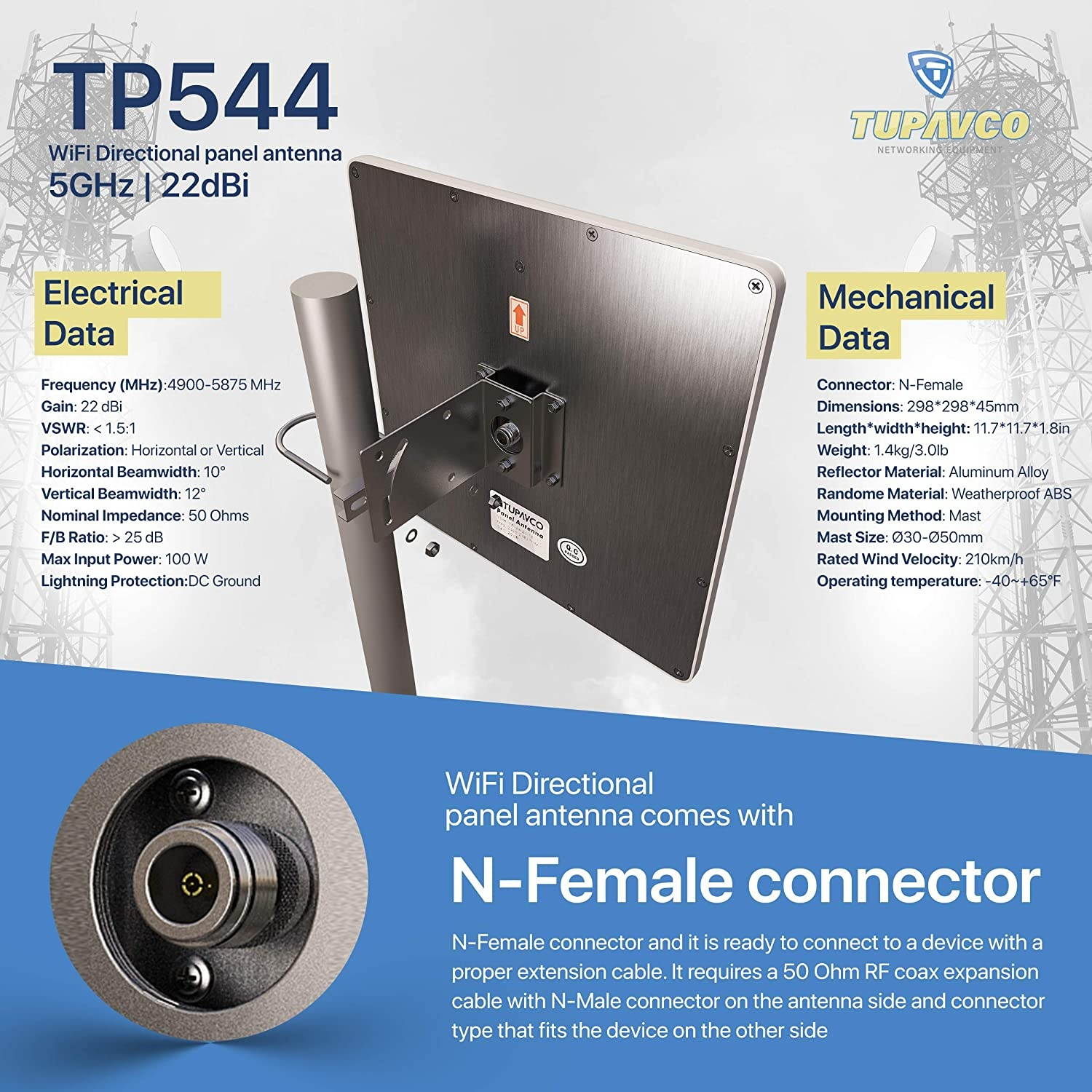 Tupavco TP544 WiFi Panel Antenna (5GHz) (22dBi) Outdoor Directional (4900-5850 MHz) Wireless Network Signal Booster (Pole Mast Mount) Weatherproof High-Gain Long Distance Range (N-Female Connector)