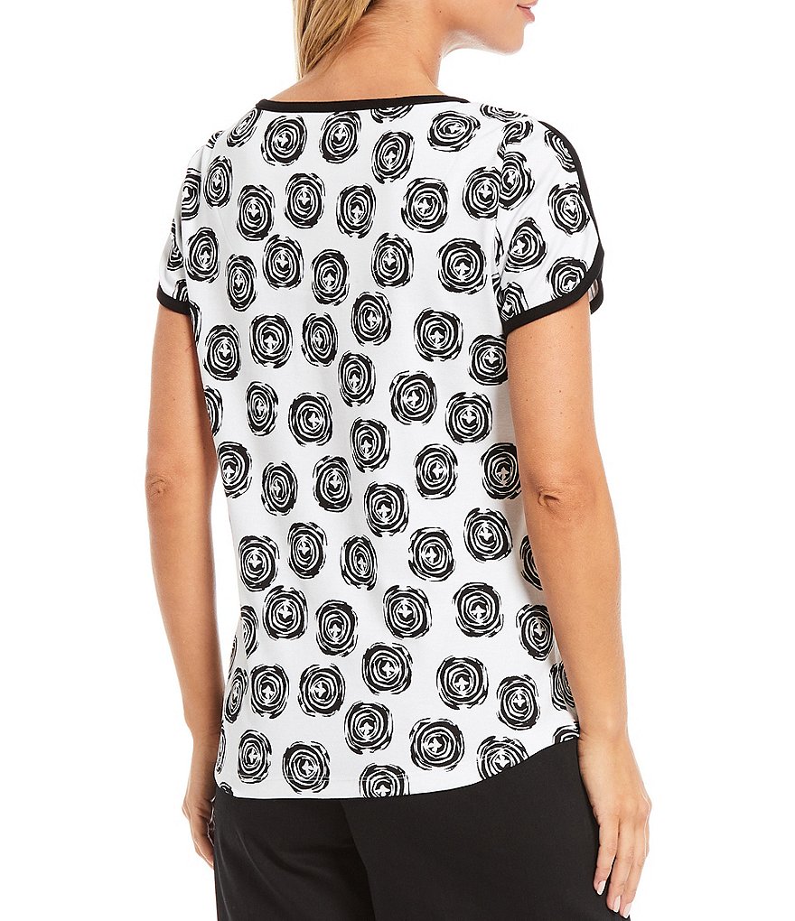 Allison Daley Petite Size Spiral Dot Print Binding Trim Short Sleeve Crew Neck Keyhole Top