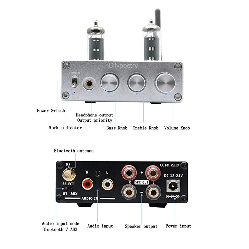 R50 6J4 Tube Amplifier HiFi Audio Stereo Digital Amplifier Headphone Amplifiers Bluetooth Treble Bass Desktop Preamplifier PreampSilver