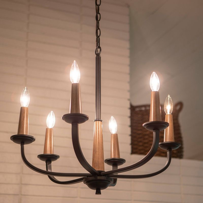 6 Light Rotterdam Metal and Wood Effect Pendant Black and Wood - Decor Therapy