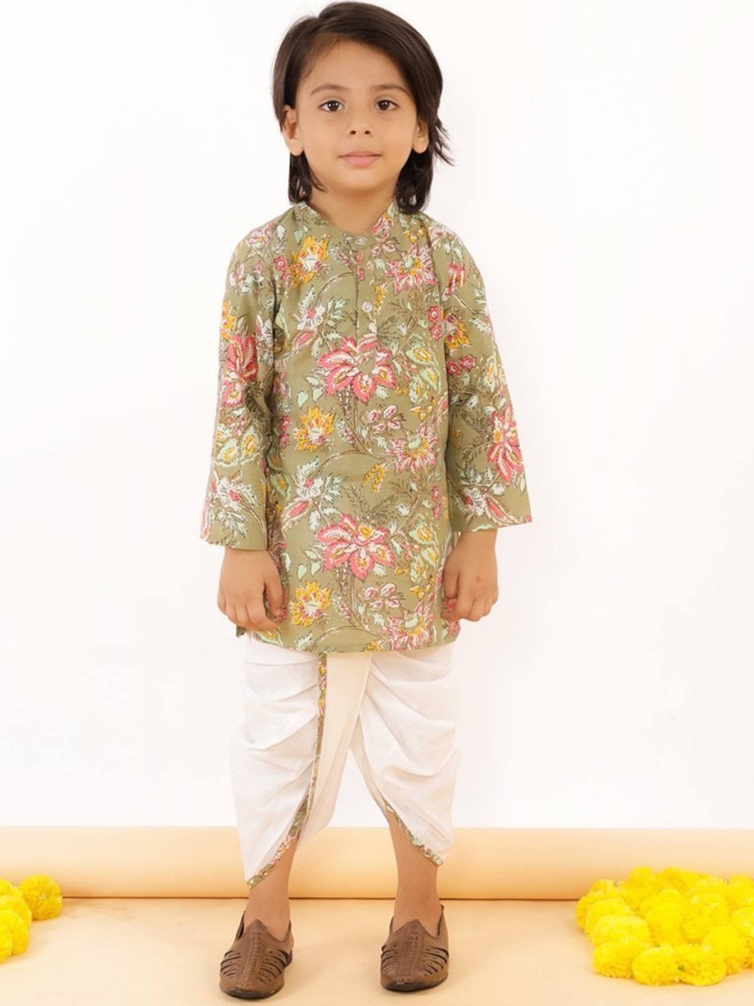The Mom Store Boys Multicolor Floral Print Full Sleeves Kurta With Dhoti