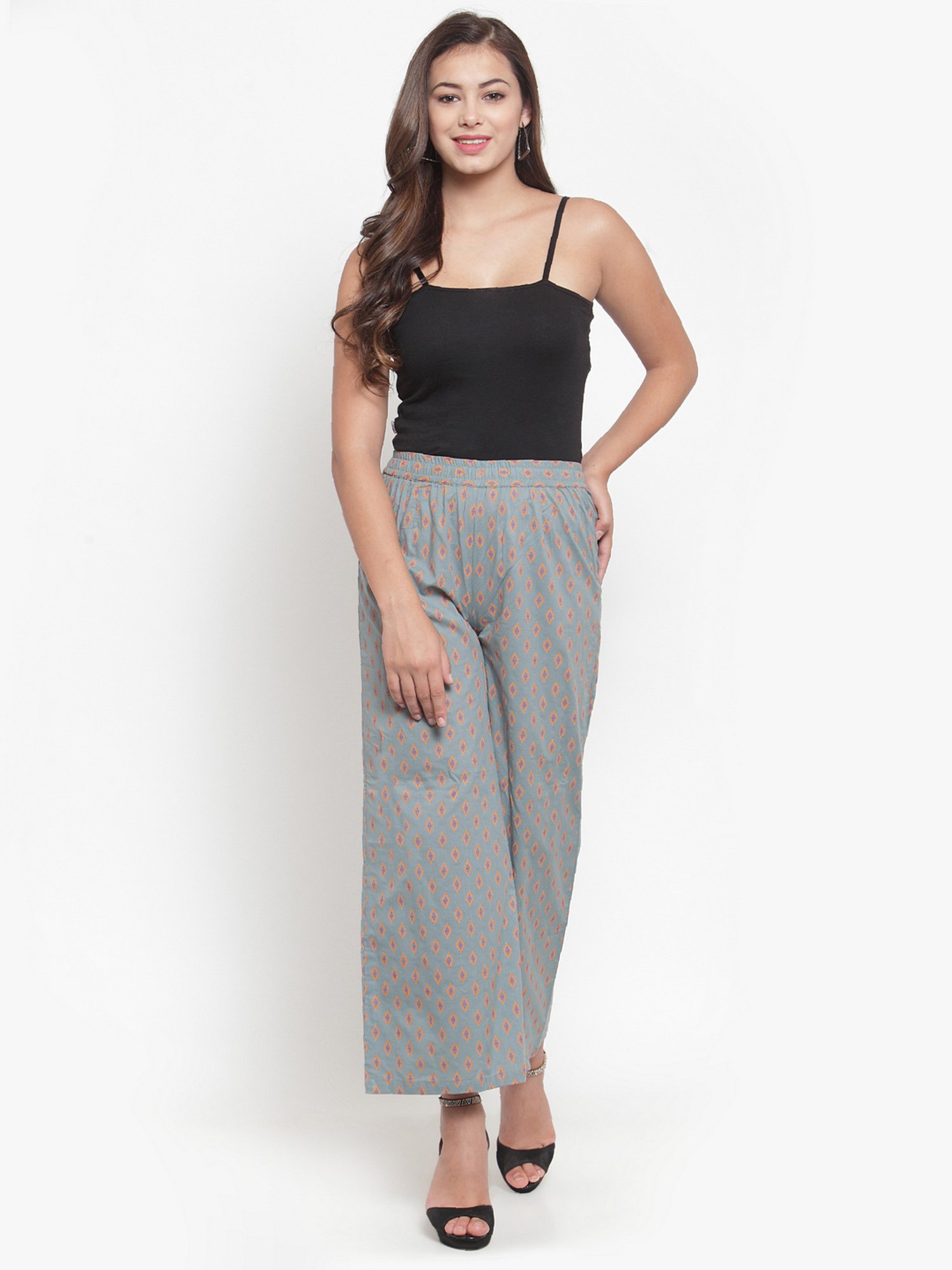 Indibelle Grey Cotton Printed Palazzos