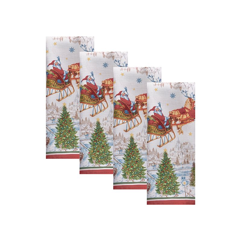 Santa's Snowy Sleighride Napkins, Set of 4 - 17" x 17" - Red/Green - Elrene Home Fashions
