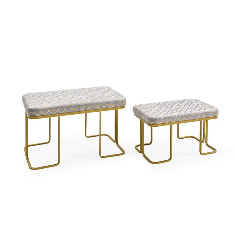 2 Piece Grey-Gold Geometric Fabric Upholstered Ottoman - Hodedah