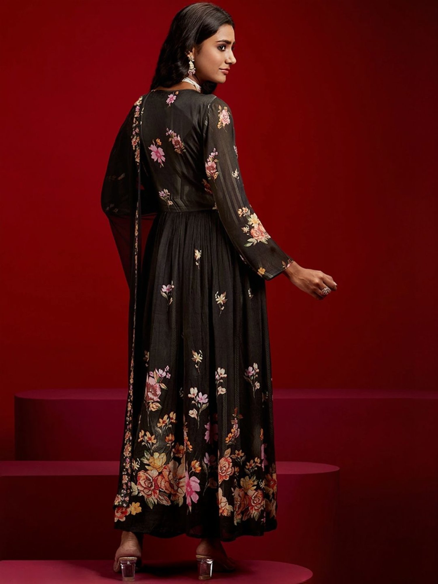 Libas Art Black Floral Print Kurta Pant Set With Dupatta