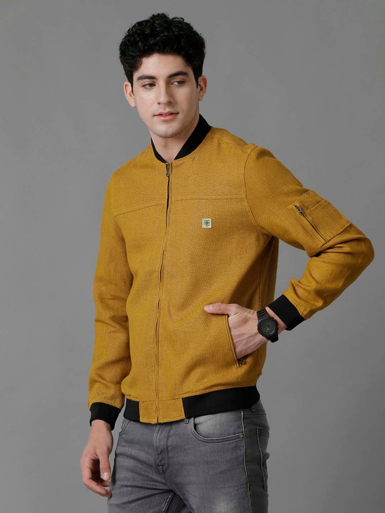 Linen Club Mustard Regular Fit Bomber Jacket