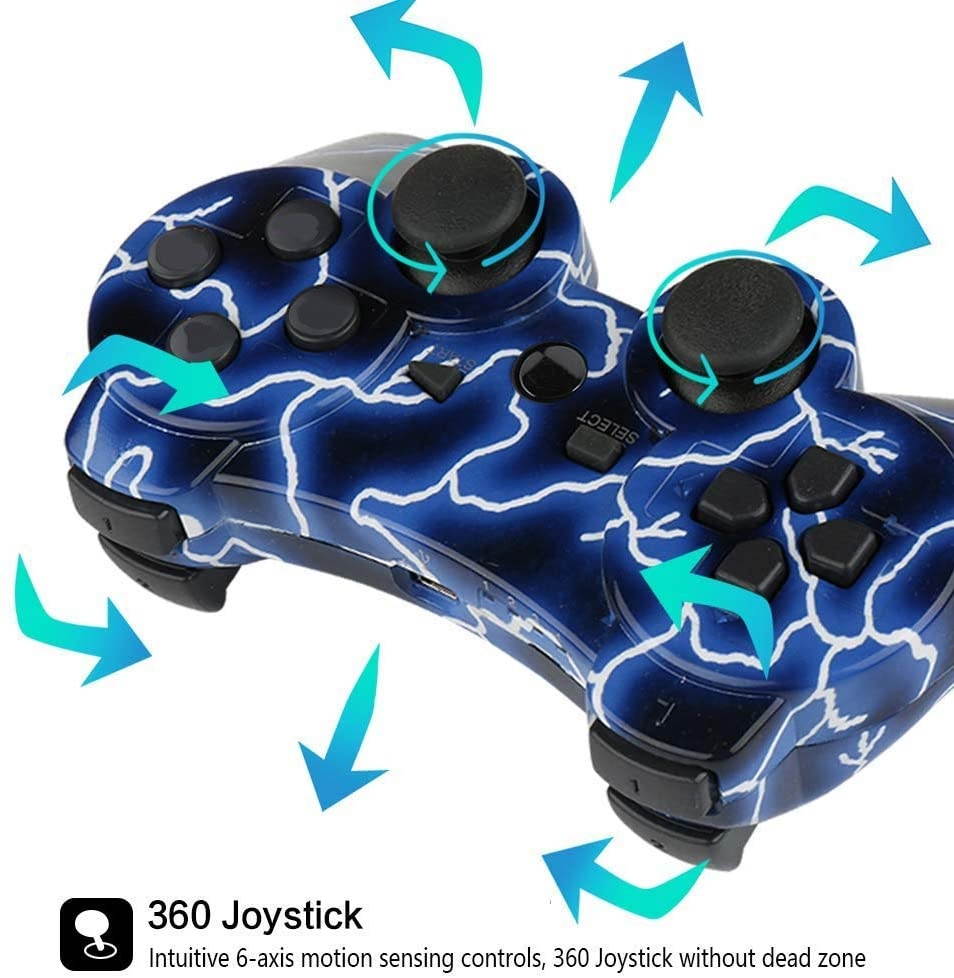 Controllers for PS3 Playstation 3 Dual Shock, Wireless Bluetooth Remote Joystick Gamepad for Six-axis with Charging Cable (Pack of 2, BlueFlash and StarrySky)