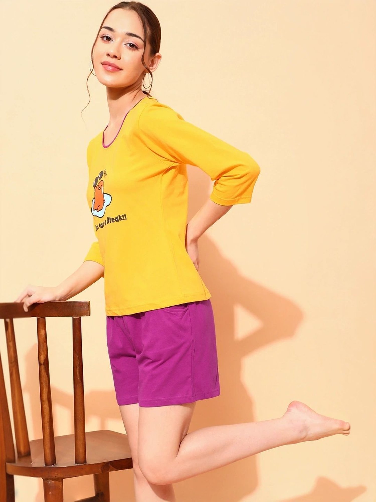 Clovia Yellow & Purple Printed Top With Shorts