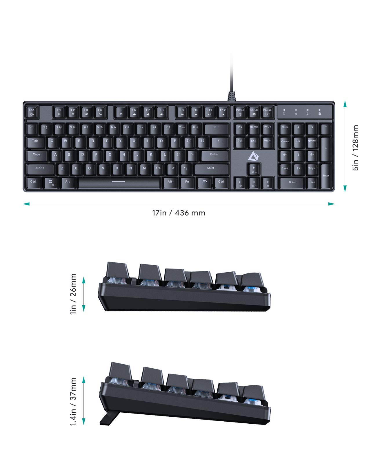 AUKEY KM-G16 Mechanical Gaming Keyboard with Clicky Blue Switches & LED Backlight, 104-Key Anti-Ghosting Wired Mechanical Keyboard with Macro Recording & Ergonomic Design for PC and Laptop