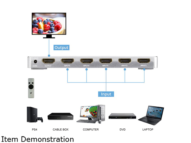 XtremPro 64501KA 5x1 HDMI Aluminum 4K2K 3D /60Hz 5 In 1 Out Switch w/IR Wireless Remote control, AC Power Adapter 100 ~ 240V, Supports HDCP, LPCM, DTS, 3D All Format - Silver