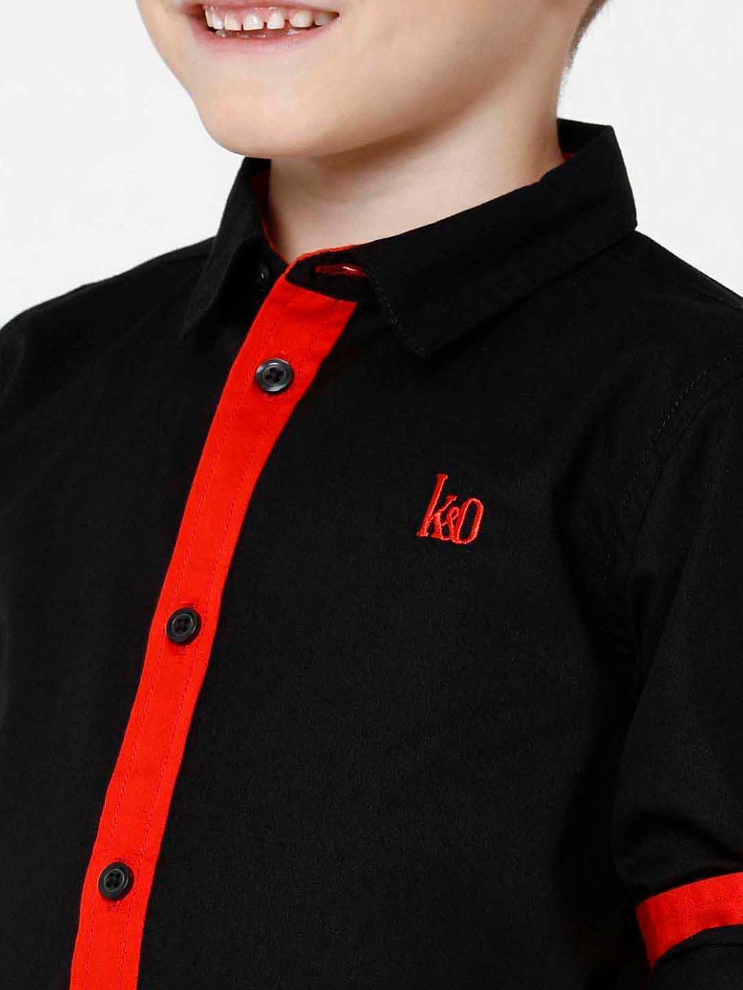 Kate & Oscar Kids Black & Red Cotton Embroidered Full Sleeves Shirt