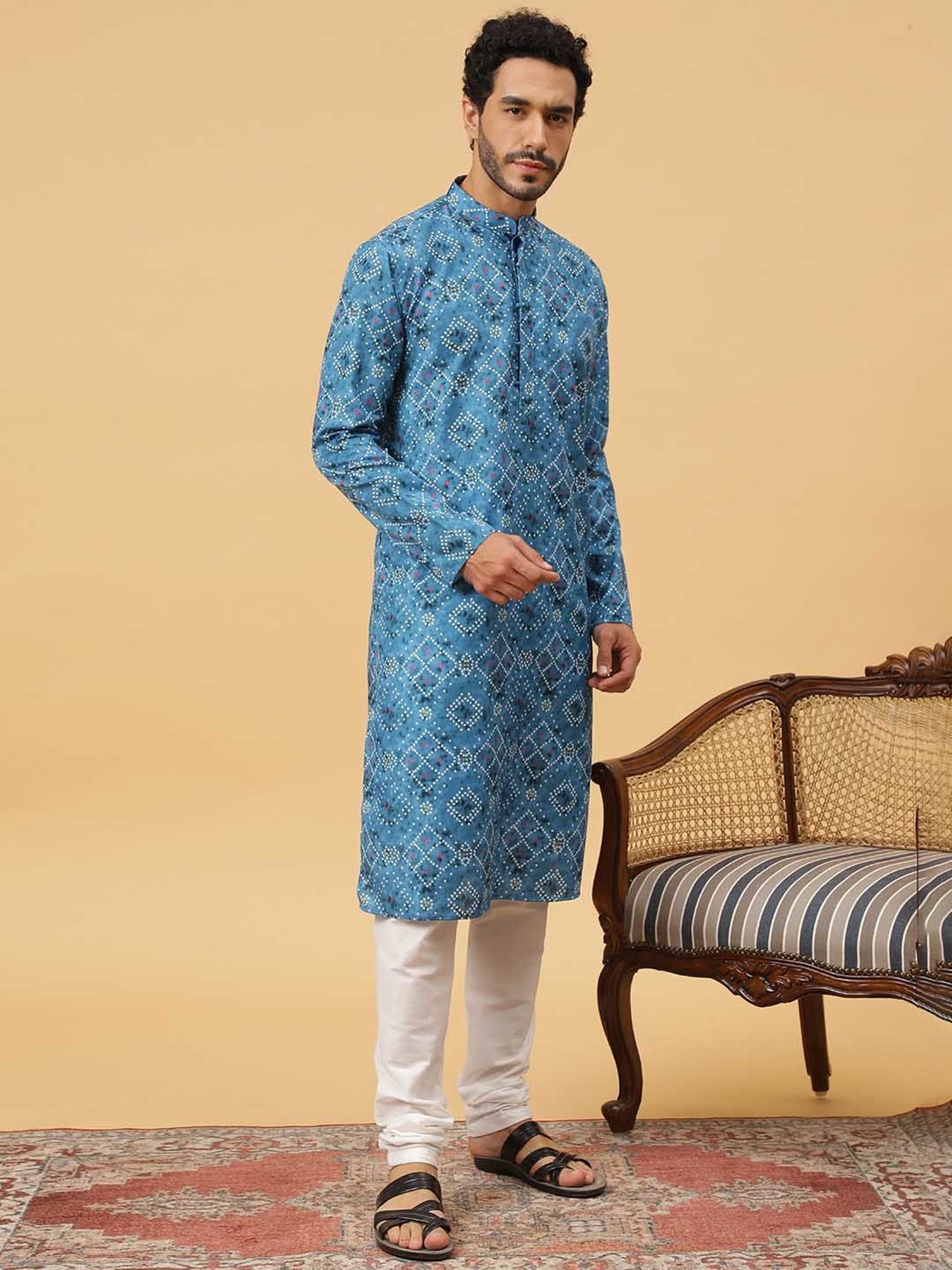 TABARD Blue & White Regular Fit Printed Kurta & Churidar Set