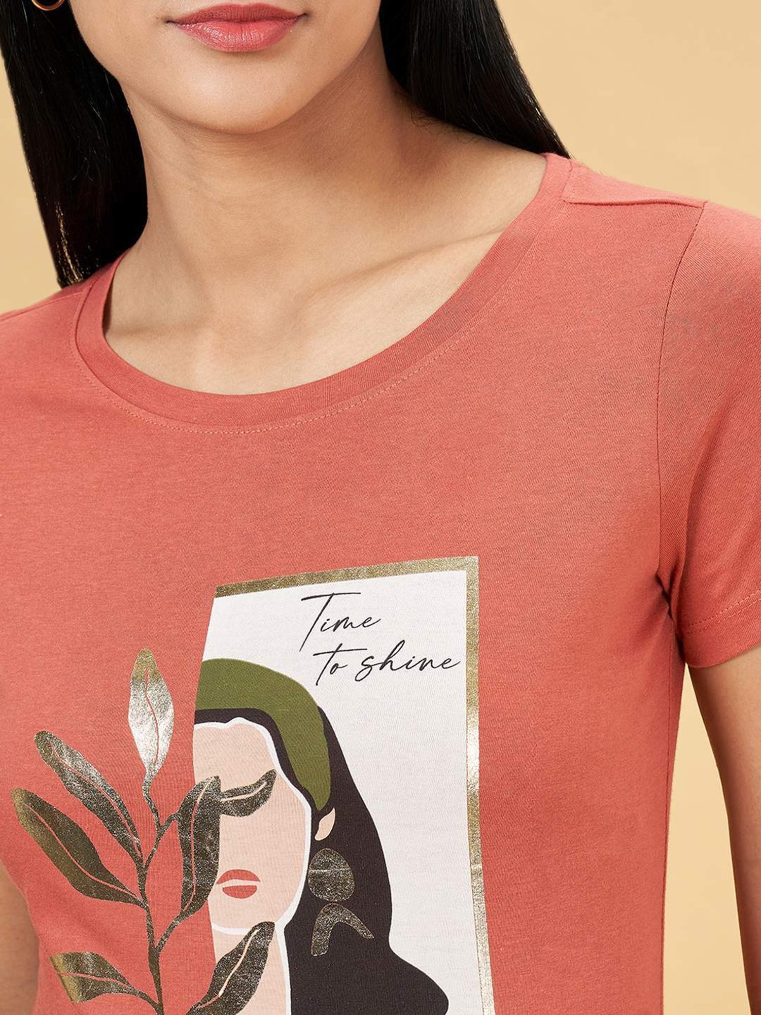 Honey by Pantaloons Rust Cotton Printed T-Shirt