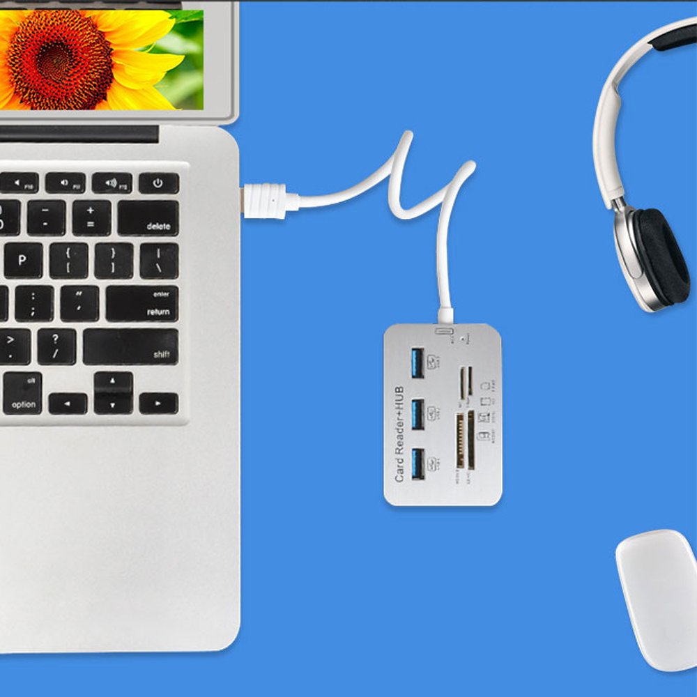 DOZCELL USB3.0 Card Reader and 3 Ports USB Hub, High Speed External Memory Card Reader (MS, Micro SD,SD/MMC,M2,TF Card)