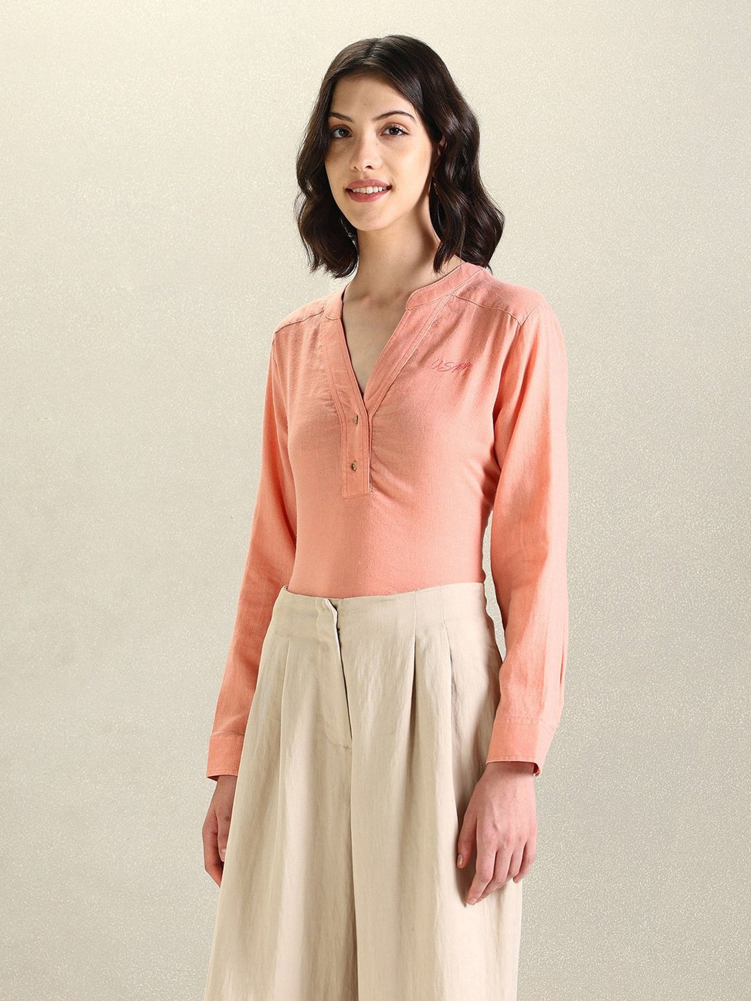 U.S. Polo Assn. Peach Linen Graphic Print Top