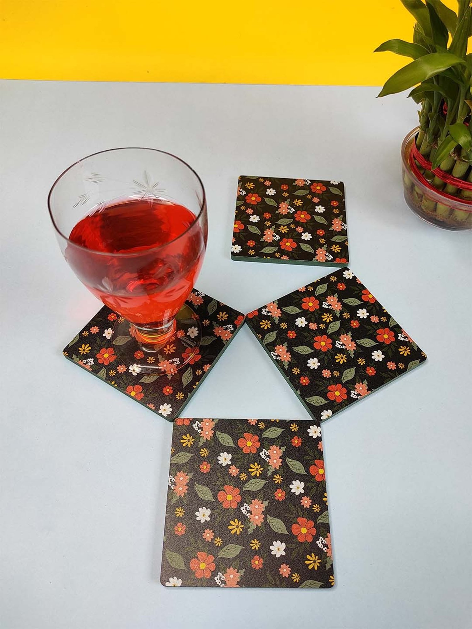 Crayton Black Wooden Floral Printed Square Coasters - Set of 4