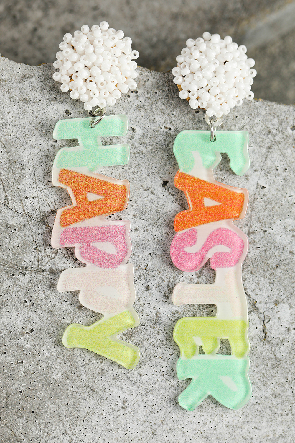 Pink HAPPY EASTER Shape Seed Beaded Detail Drop Earrings