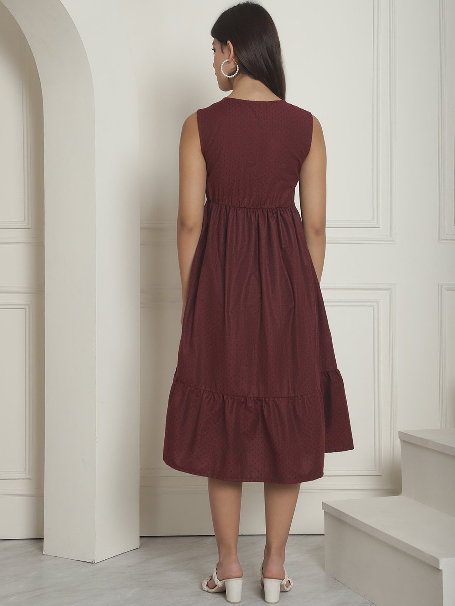 Moms Maternity Maroon Self Designs Maternity Midi Dress