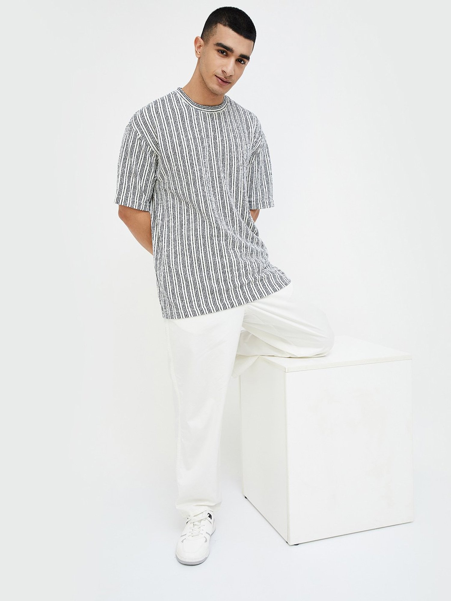 Forca by Lifestyle White Regular Fit Striped Crew T-Shirt