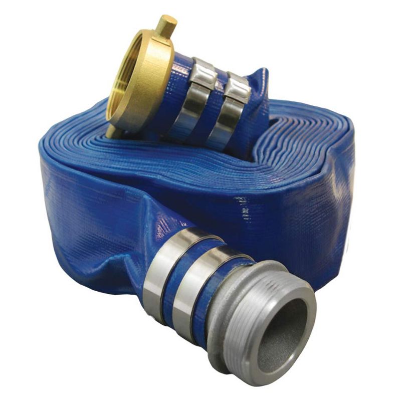 Apache 98138065 3 Inch Diameter 50 Foot Length 55 PSI Polyester Reinforced PVC Lay Flat Pool Sump Pump Hose with Aluminum Quick-Shank Connections Blue