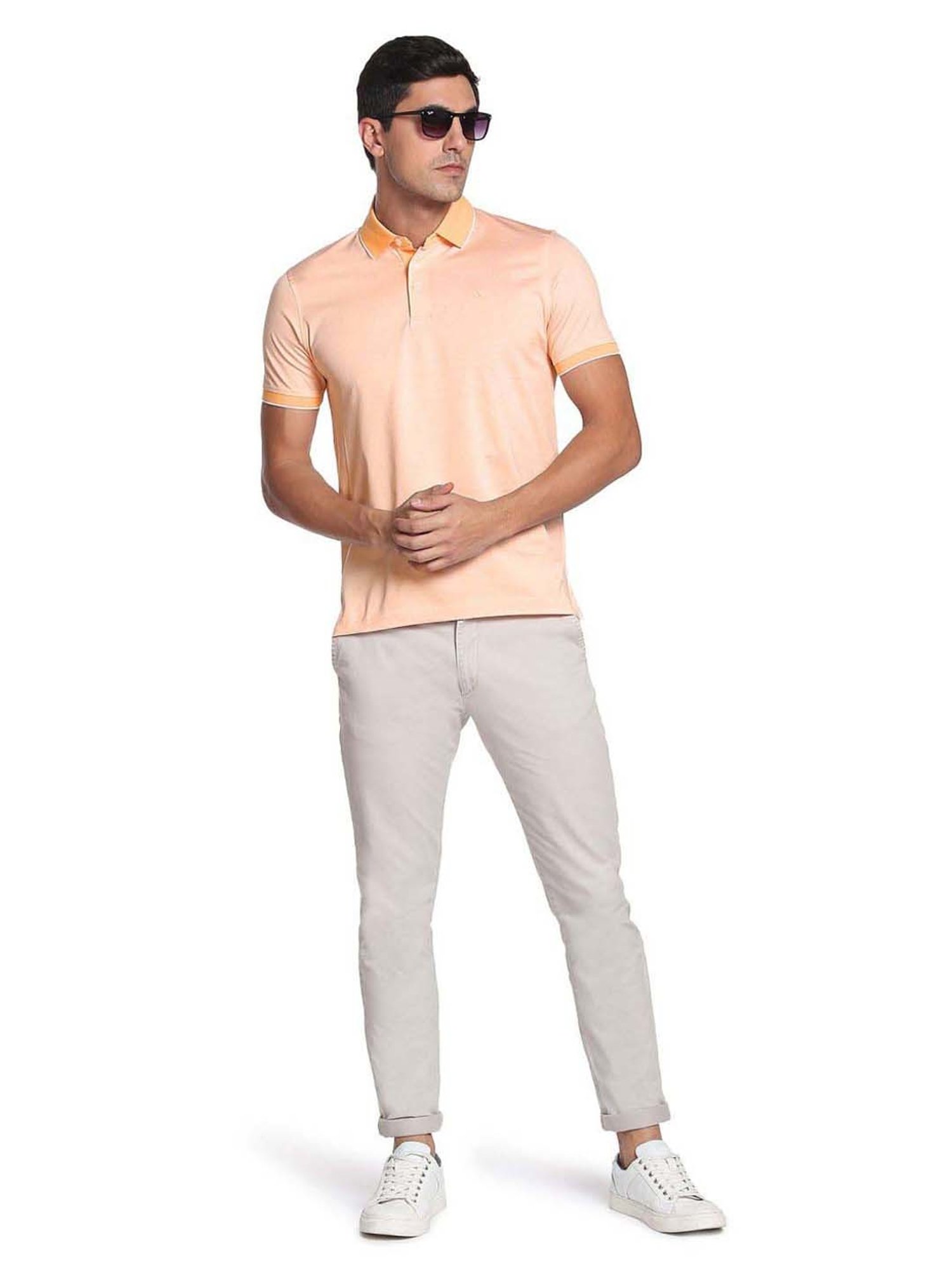 Arrow Peach Cotton Regular Fit Striped Polo T-Shirt
