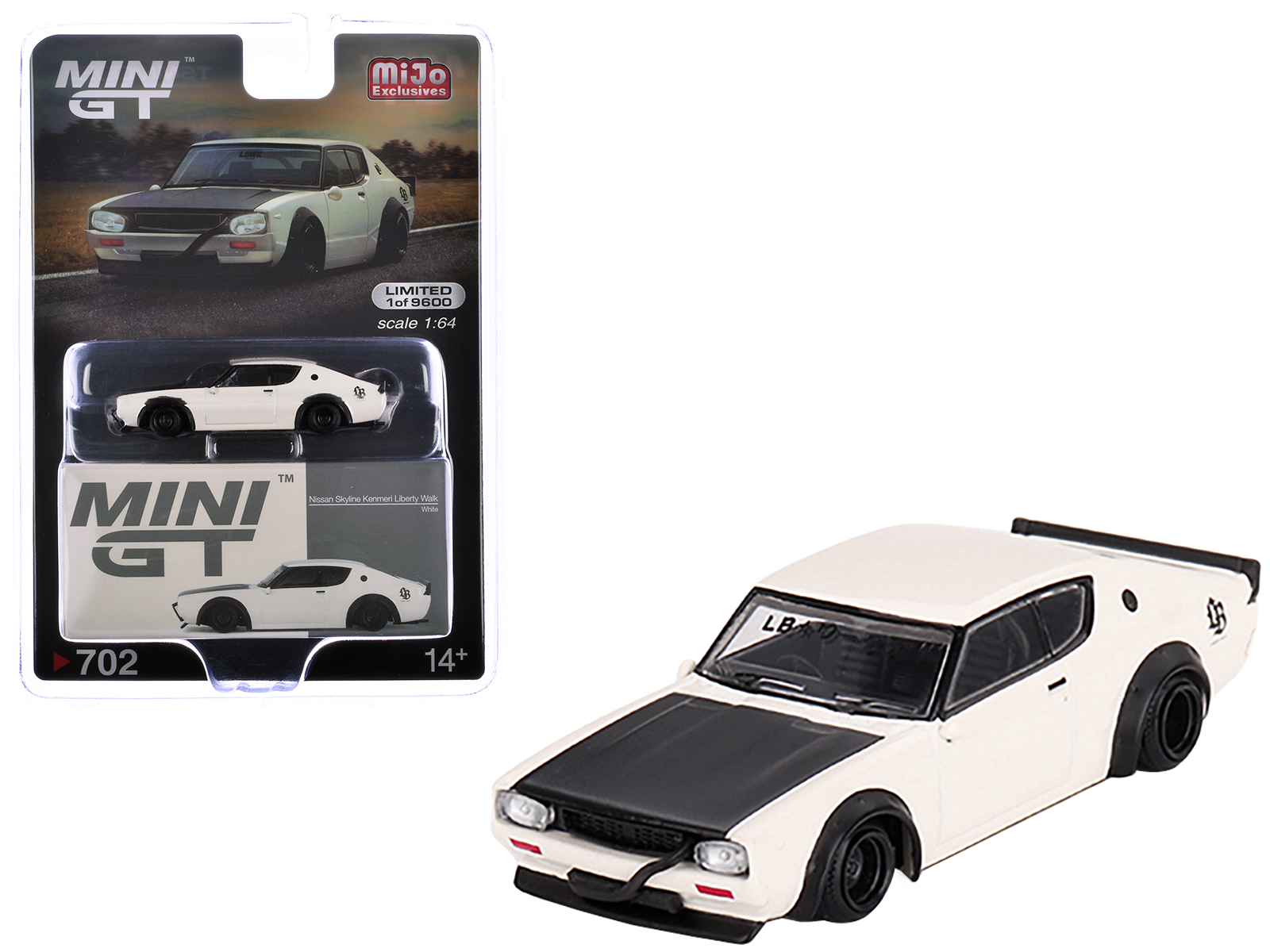 Nissan Skyline Kenmeri "Liberty Walk" RHD (Right Hand Drive) White with Matt Black Hood Limited Edition to 9600 pieces Worldwide 1/64 Diecast Model Car by Mini GT