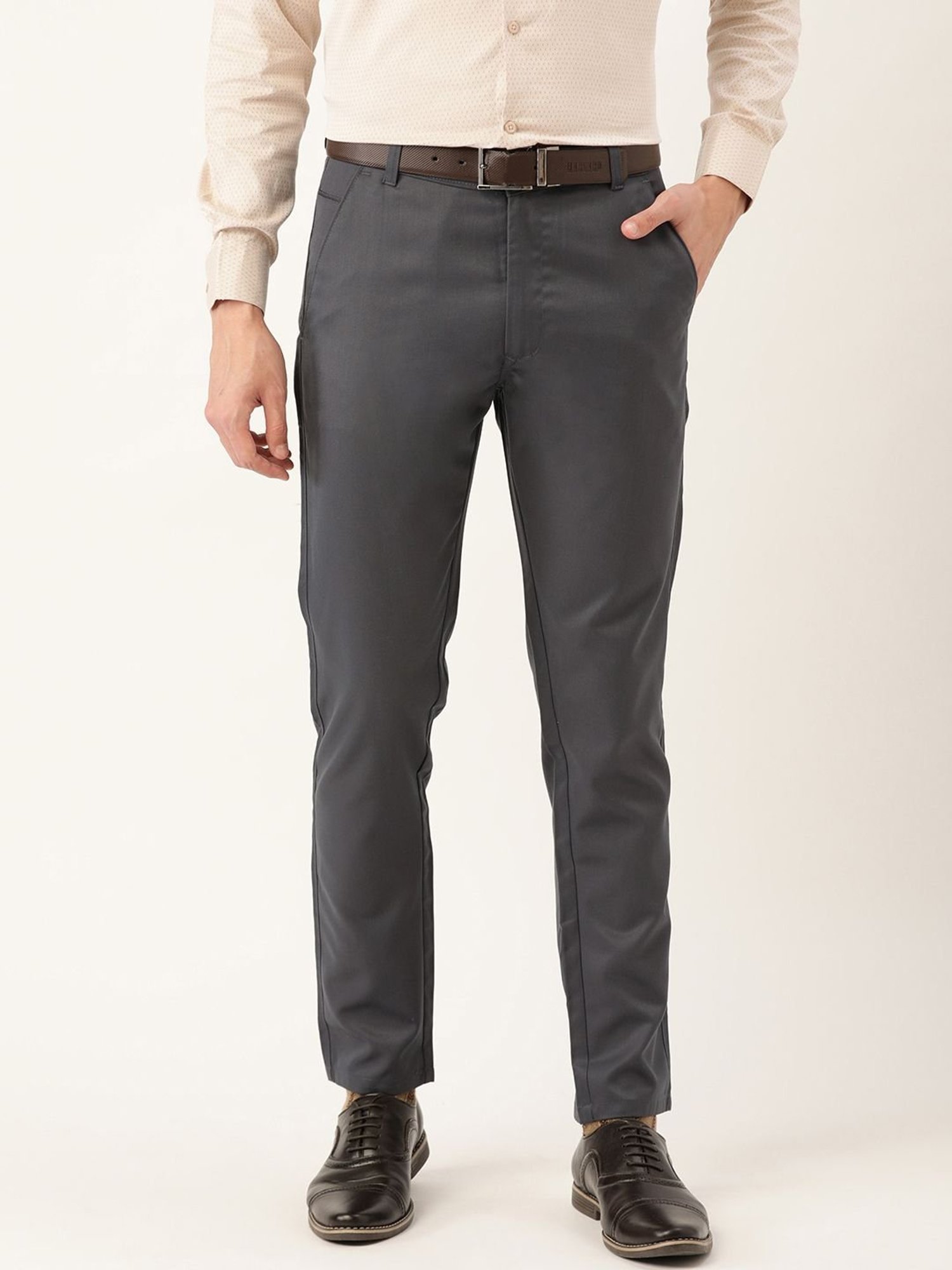 Sojanya Grey Cotton Regular Slim Fit Flat Front Trousers