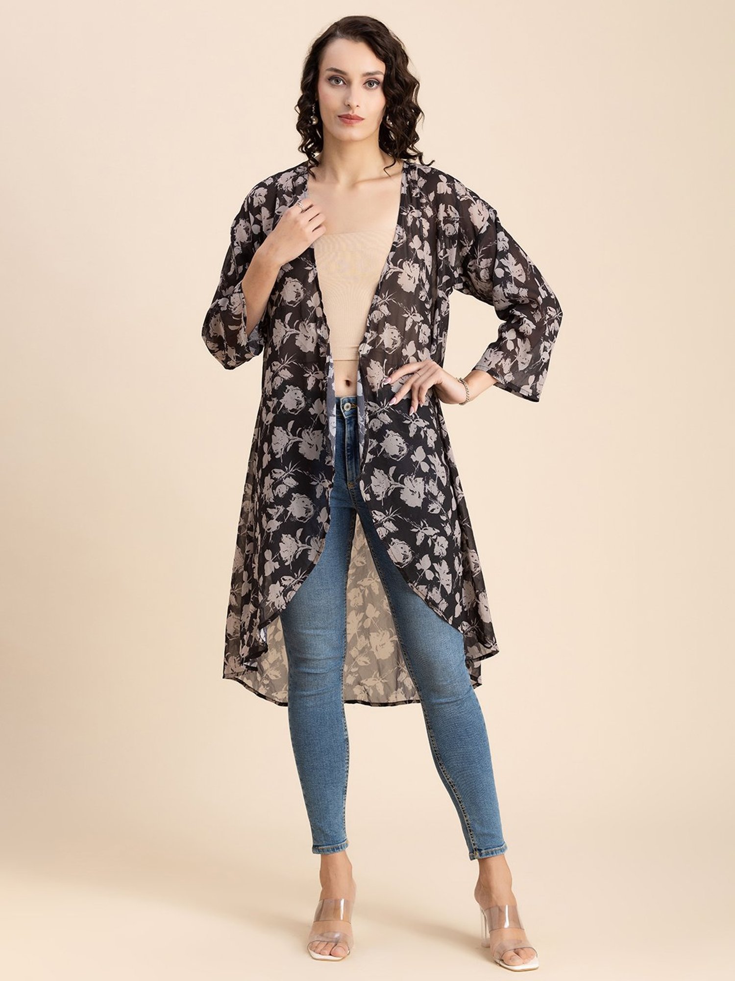 Moomaya Black & Beige Floral Print Cover Up